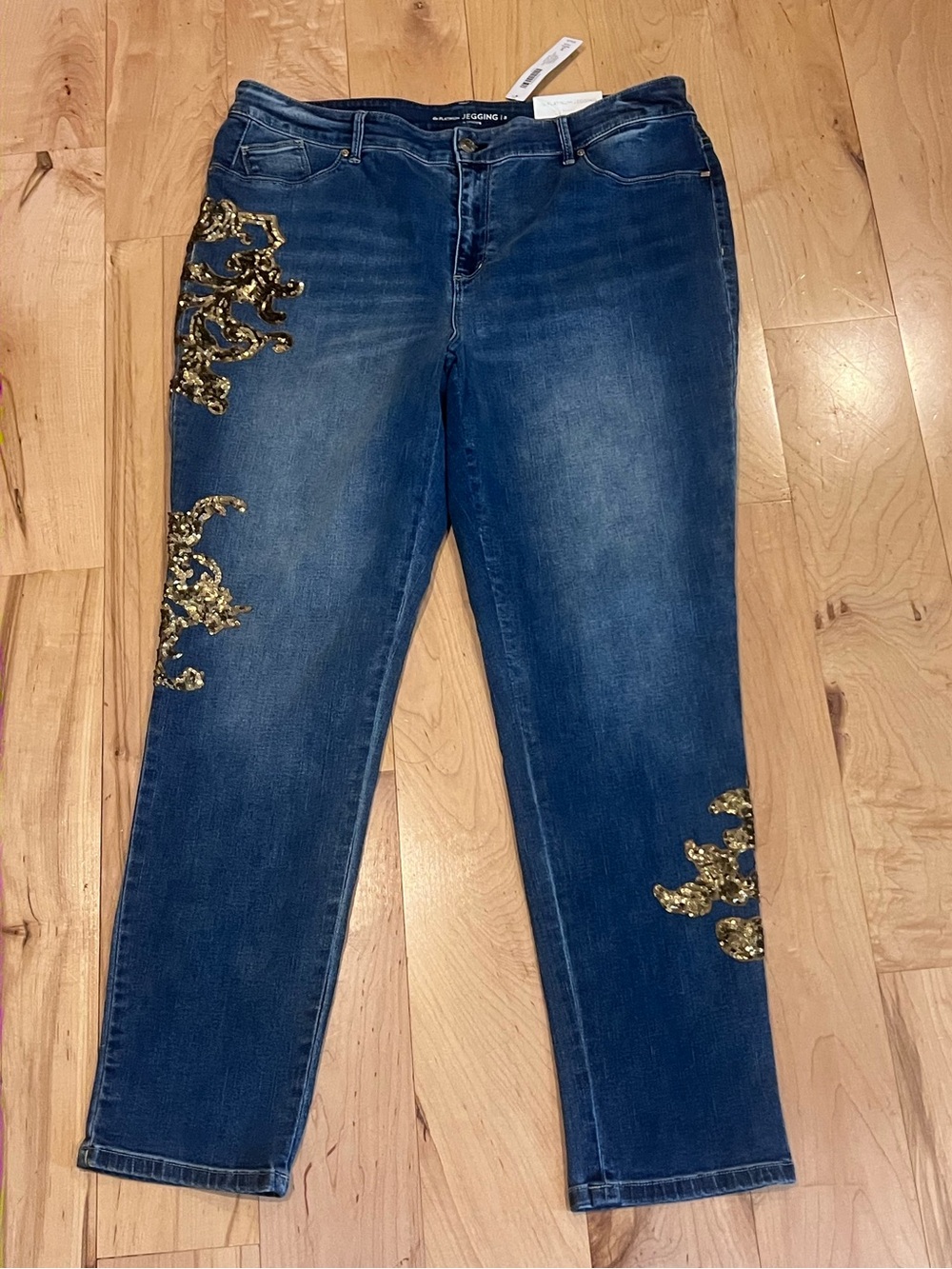 Size 16- NEW! Chico's So Slimming blue jean jeggings - gold sequin embroidery